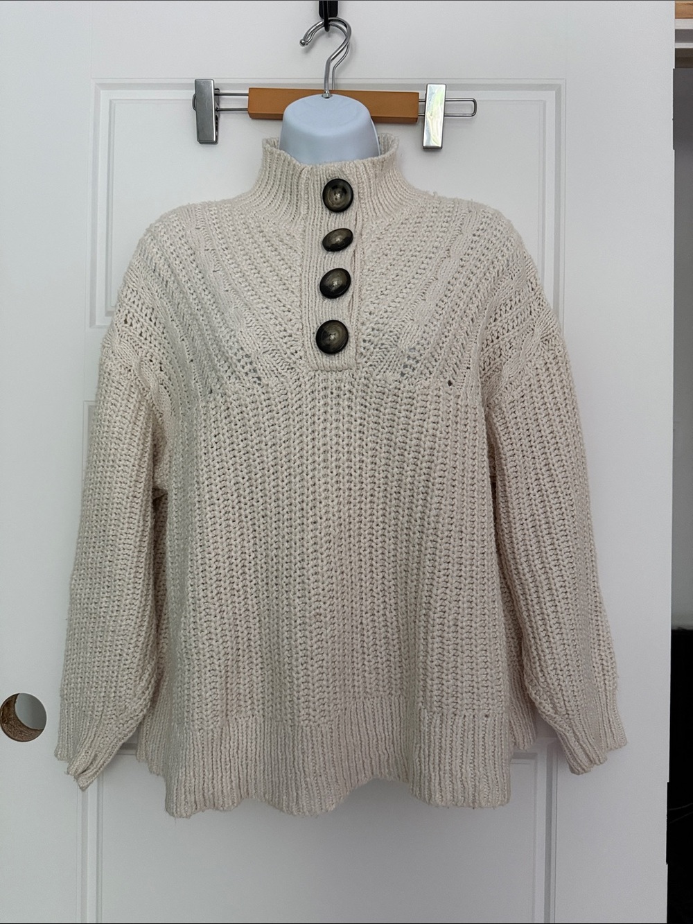 aerie Cream Chunky Knit Turtleneck Sweater with Button Placket